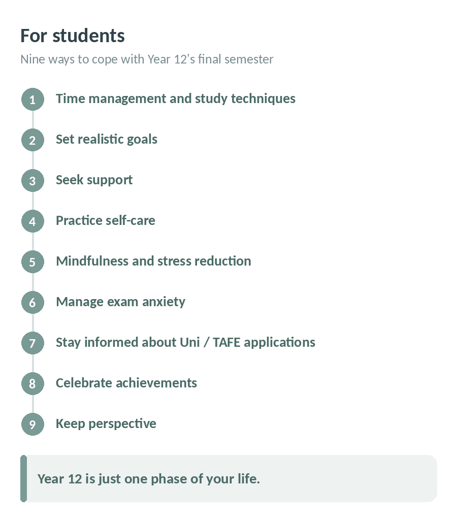 Diagram: nine ways for students to cope with the final semester of Year 12, from time management and study techniques to keeping perspective