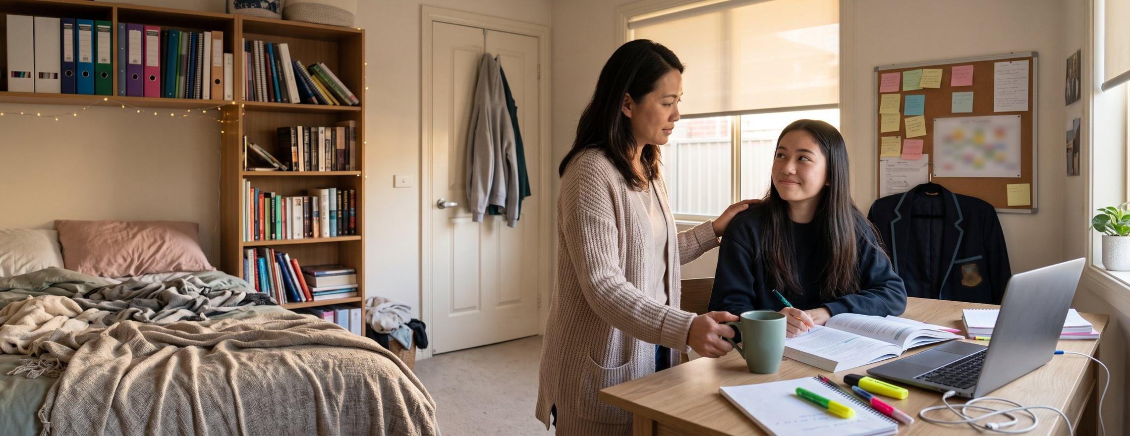 A mother places a cup of tea beside her teenage daughter, who is studying at a desk in her bedroom and looks up at her with a smile