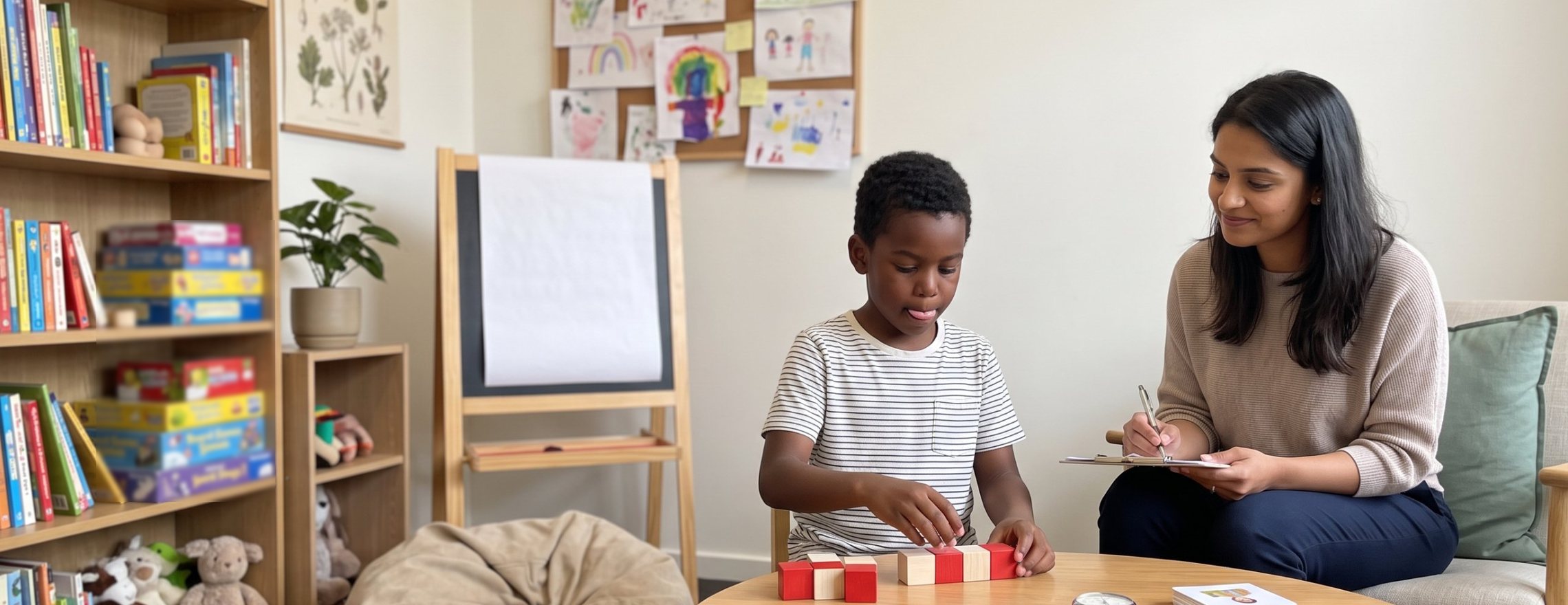 A psychologist taking notes while a young boy copies a pattern with red and white wooden blocks at a low table in a child-friendly consulting room