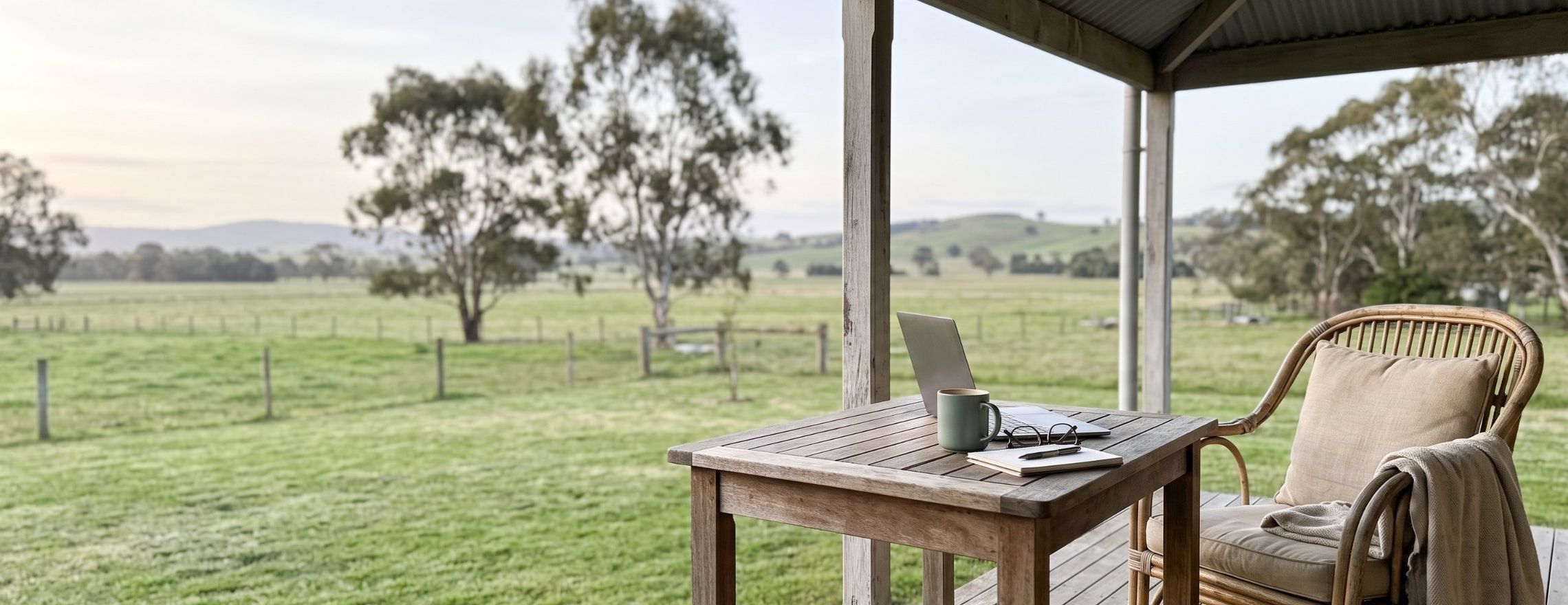Verandah of a country home in regional Victoria with a laptop, coffee and notebook on a timber table overlooking green paddocks