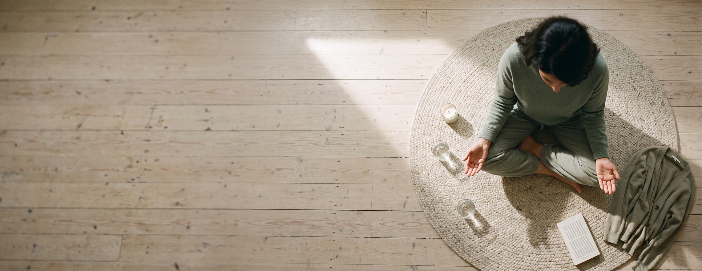 Overhead view of a woman sitting cross-legged on a round rug on a timber floor, hands open on her knees, a lit candle and a glass of water beside her