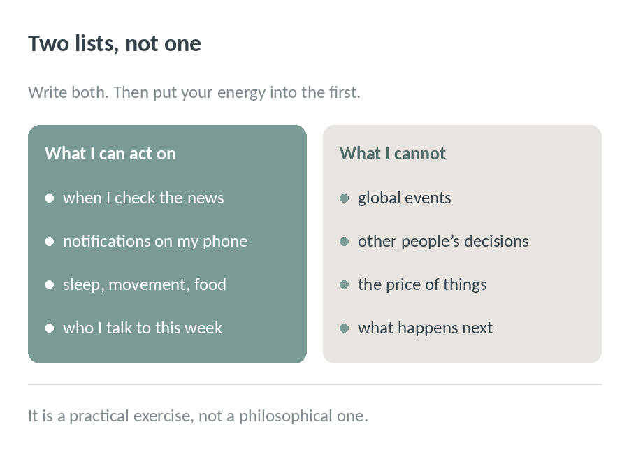 Two lists side by side: what you can act on, such as when you check the news, phone notifications, sleep, movement and food, and who you talk to; and what you cannot, such as global events, other people decisions, prices and what happens next
