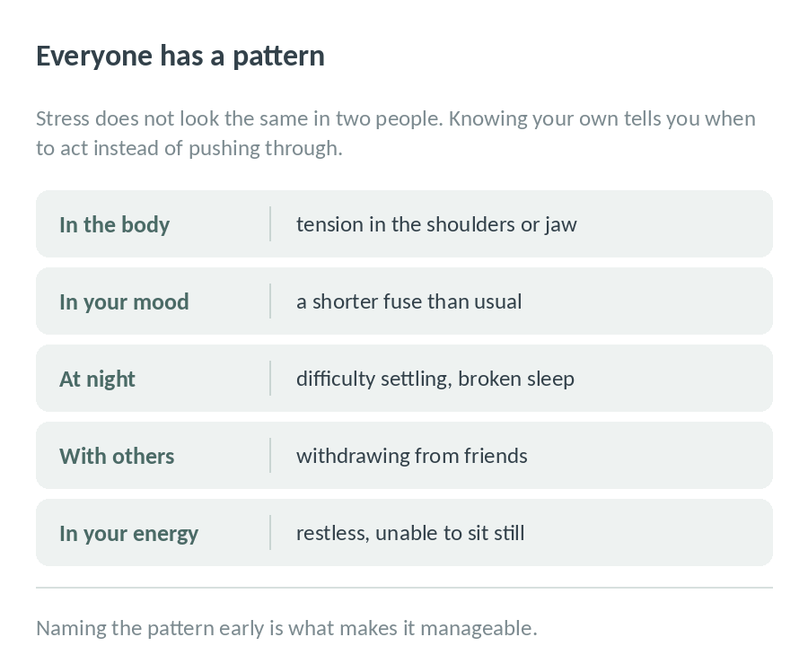 How stress shows up: tension in the shoulders or jaw, a shorter fuse, difficulty settling at night, withdrawing from friends, or feeling restless and unable to sit still