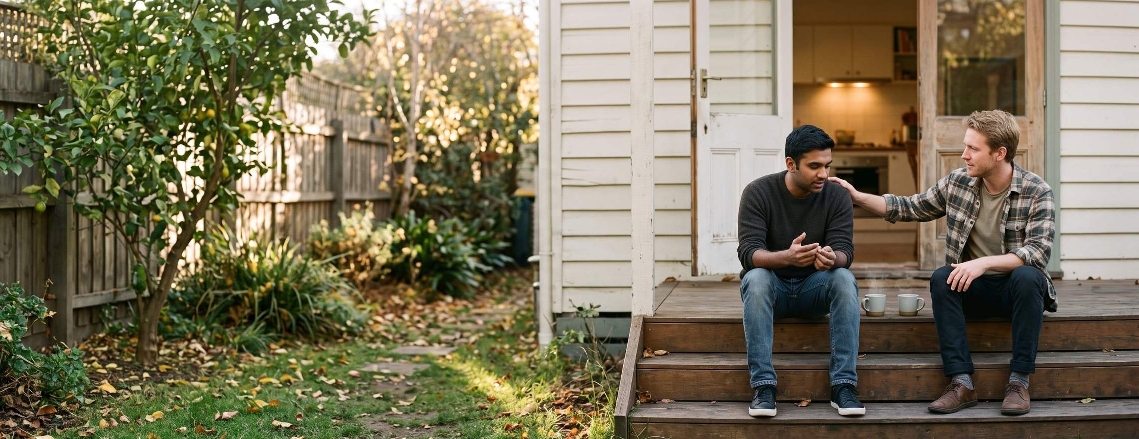 Two friends sitting together on the back step of a house in late afternoon light, one listening to the other with a hand on his shoulder