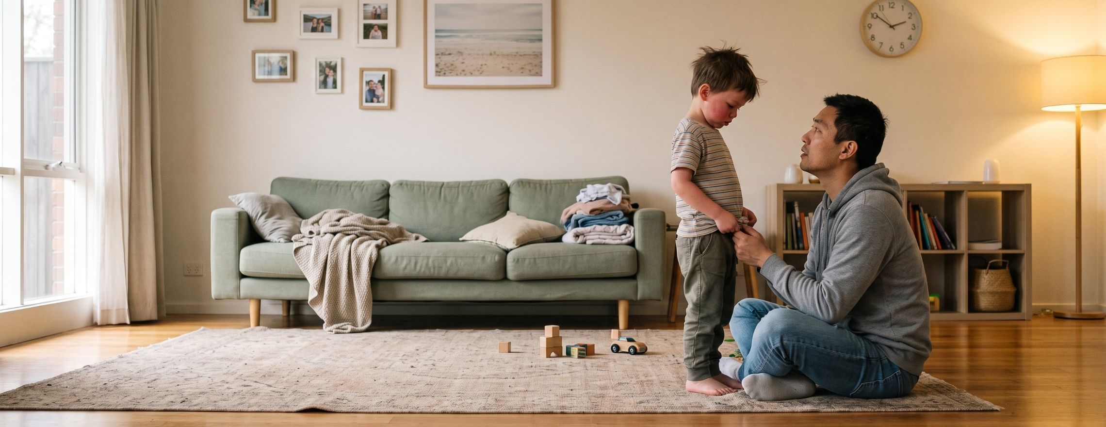 A father sitting cross-legged on the living room rug, gently talking with his young son who is calming down after a meltdown