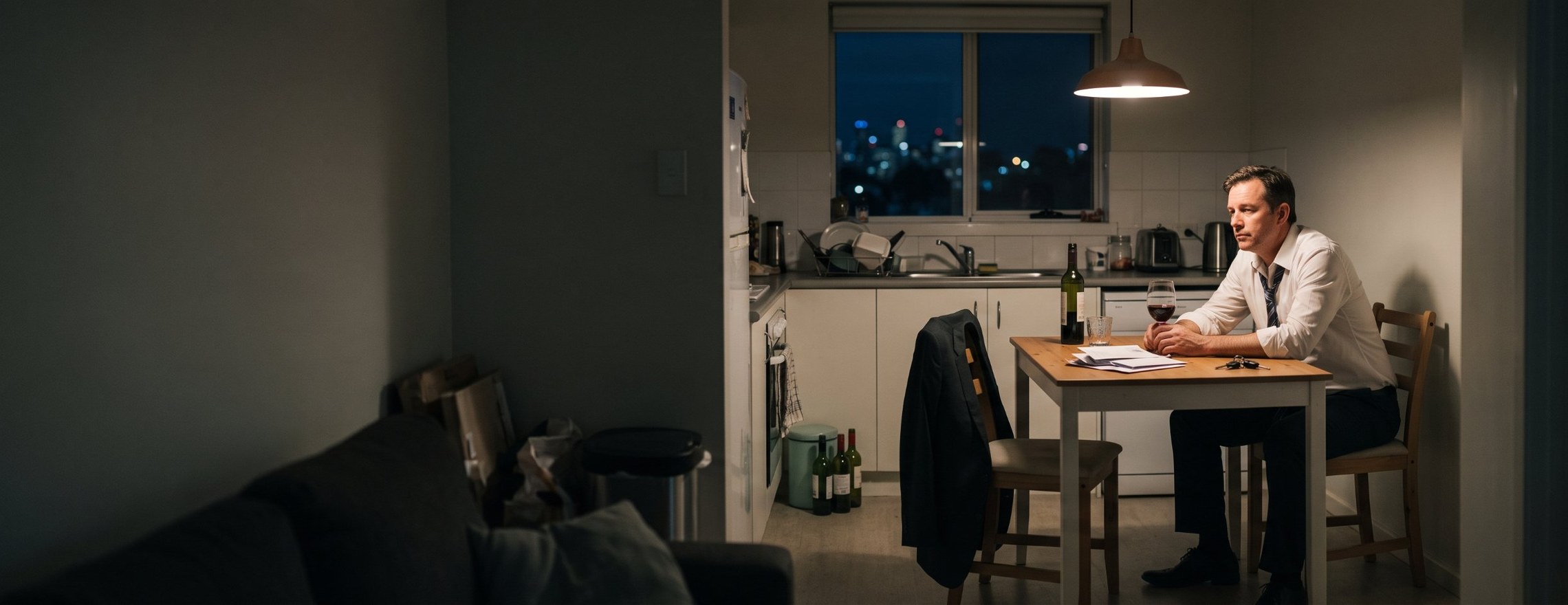 A tired man in a work shirt sitting alone at a small kitchen table at night under a hanging lamp, lost in thought, with the city lights outside the window