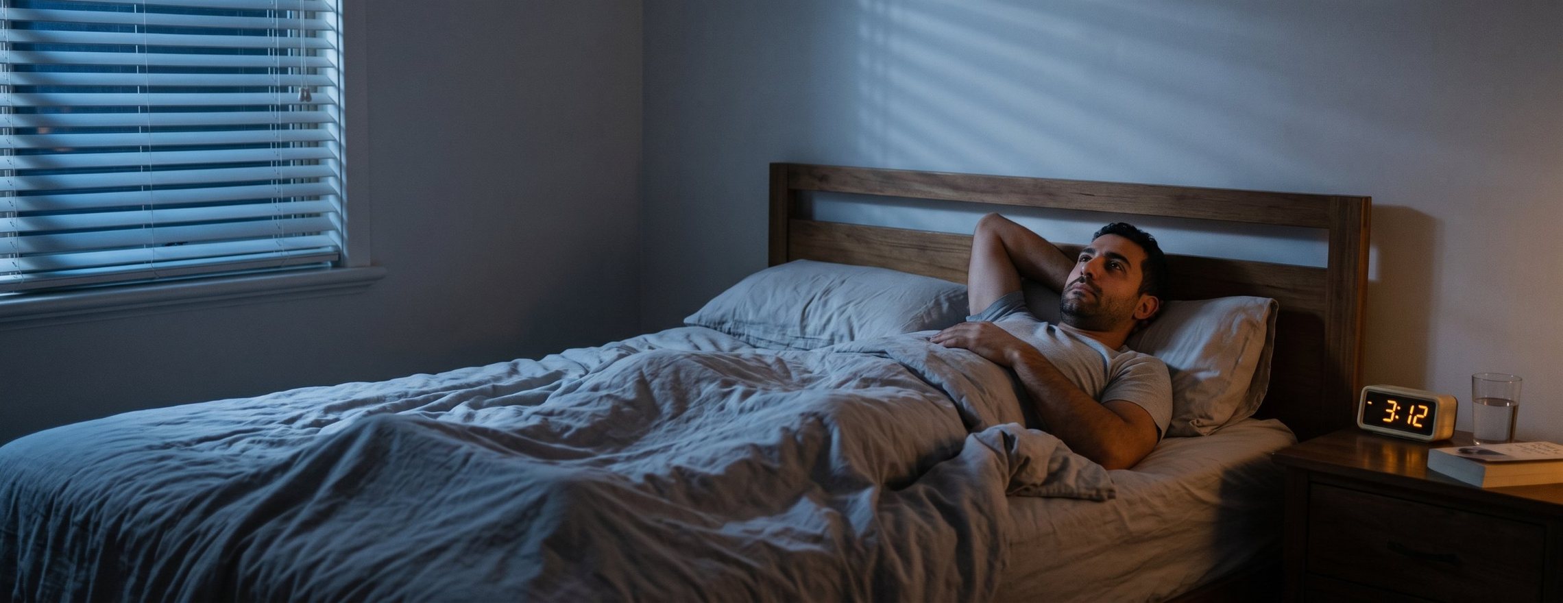 A man lying awake in bed at night staring at the ceiling, blue street light through the blinds and a bedside clock showing 3:12
