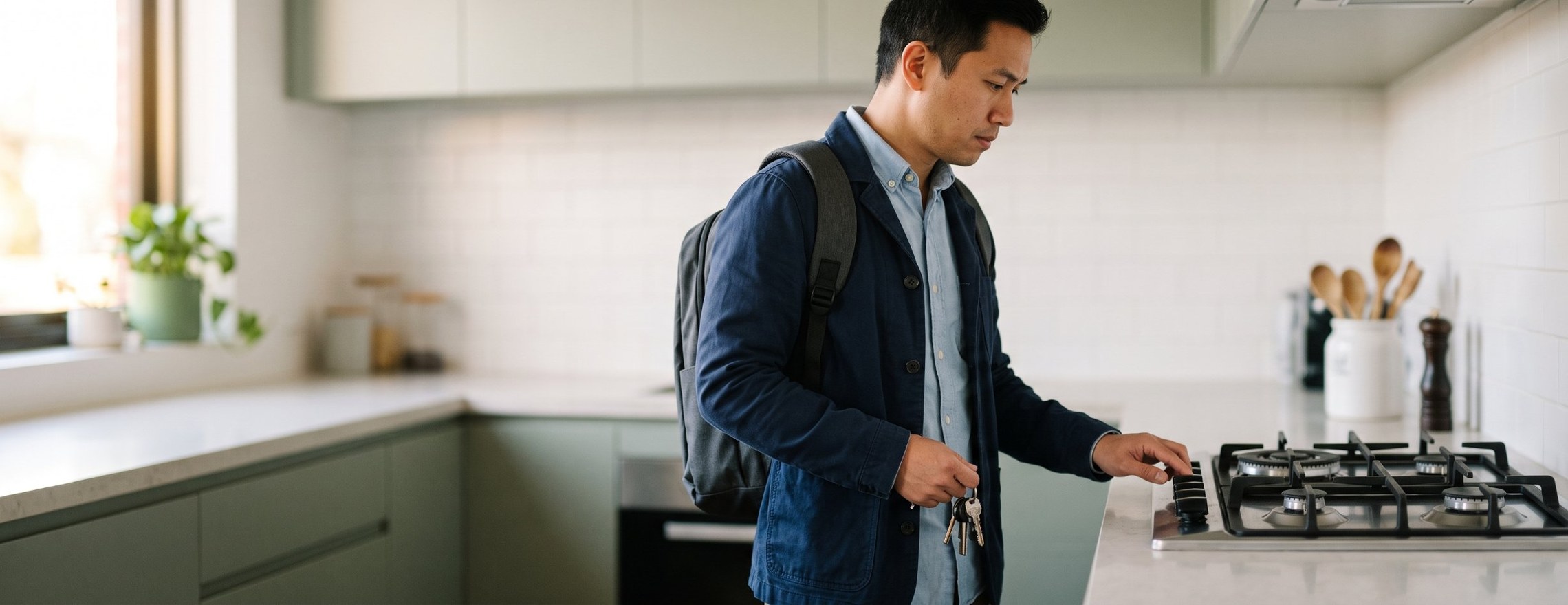 Man in a navy jacket with keys in hand checking the stove knob before leaving home