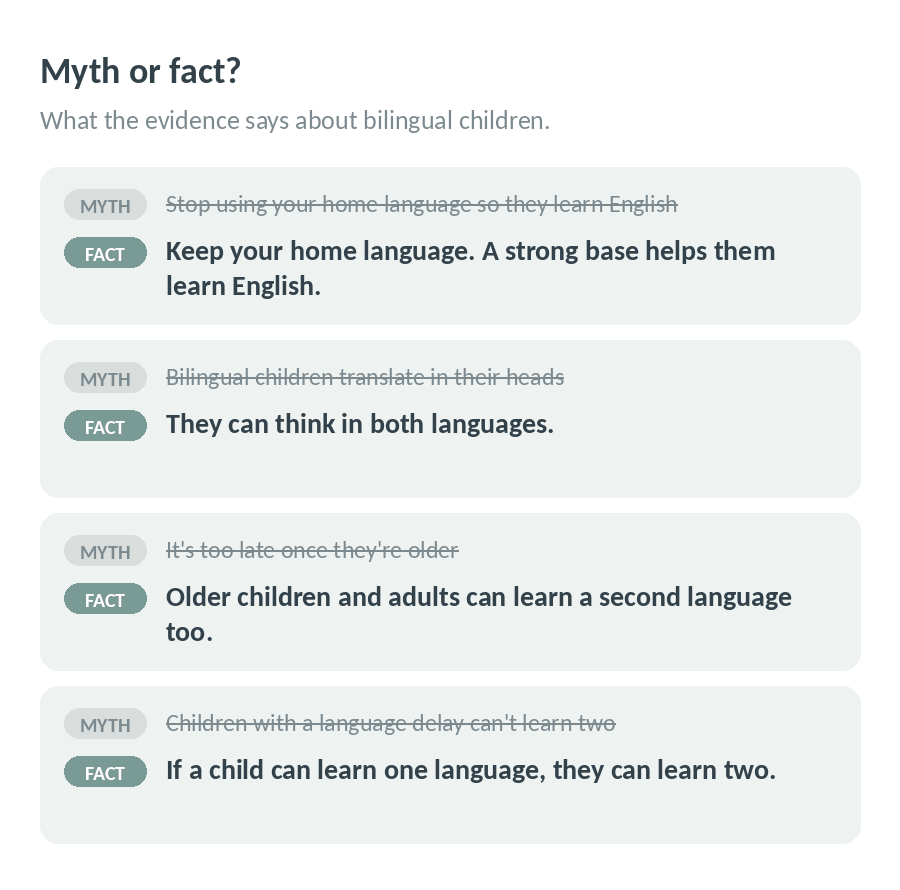 Myth or fact: keep your home language, bilingual children think in both languages, older learners can learn a second language, and children with a language delay can learn two