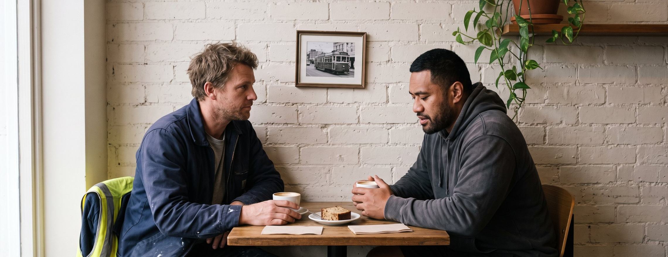 Two men talking quietly over coffee in a Melbourne café, one listening closely to his friend