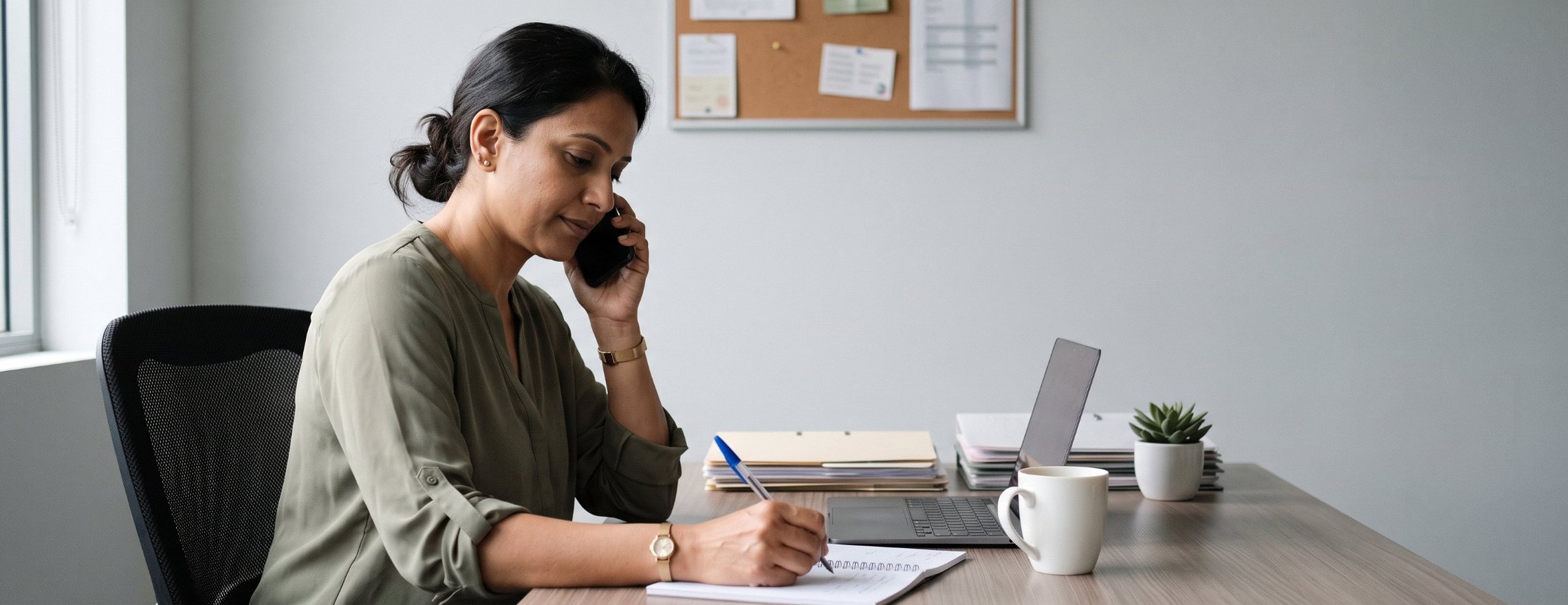 Woman at her office desk on a private phone call, writing an appointment time in her notebook