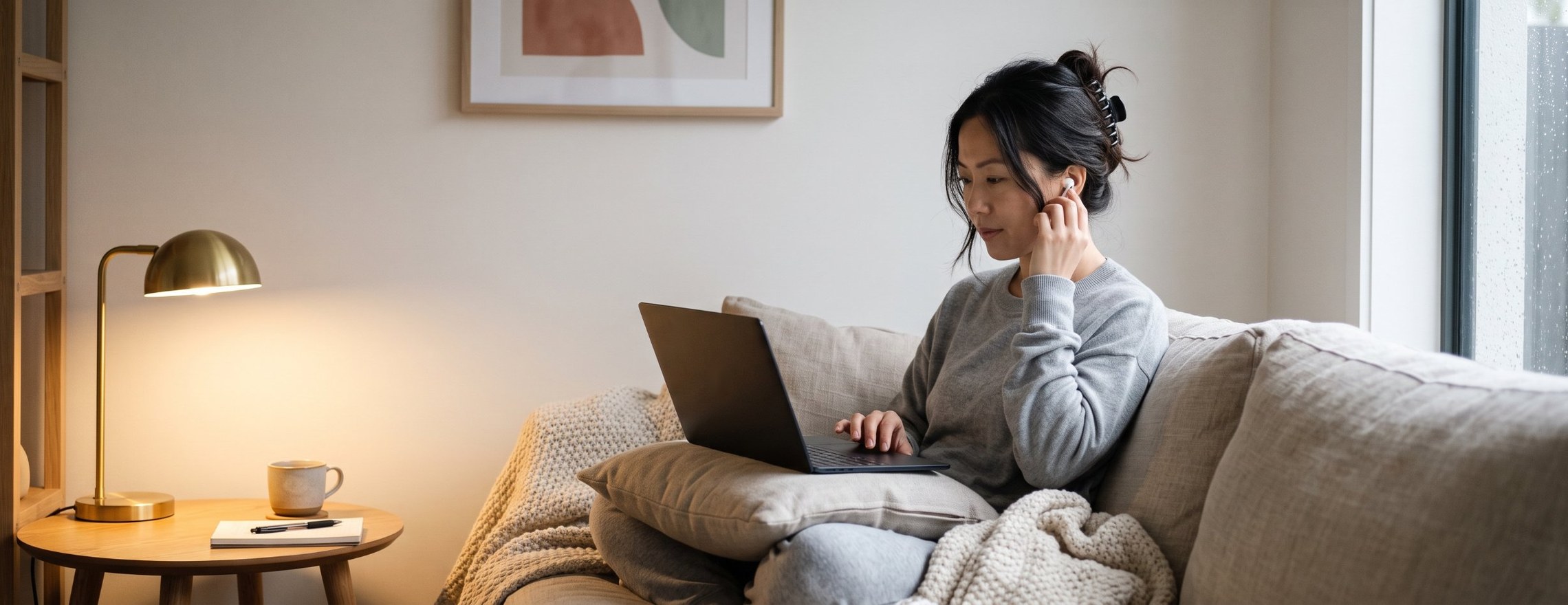 Woman on her sofa at home with a laptop, putting in an earbud before a telehealth session
