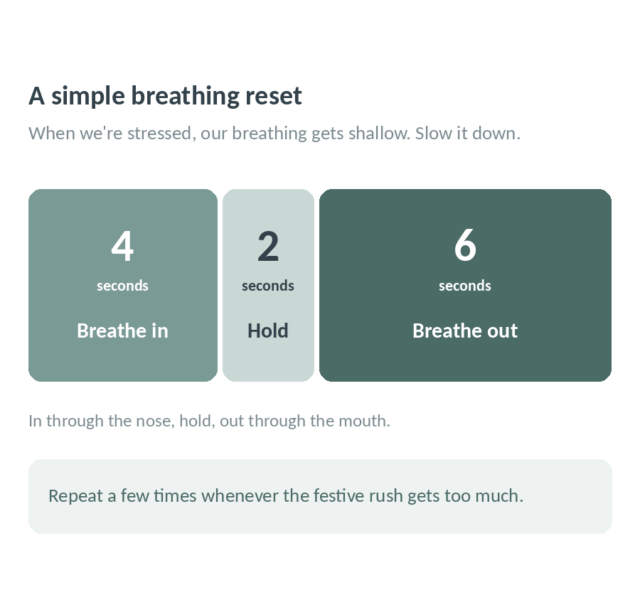A simple breathing reset: breathe in through your nose for 4 seconds, hold for 2, breathe out through your mouth for 6