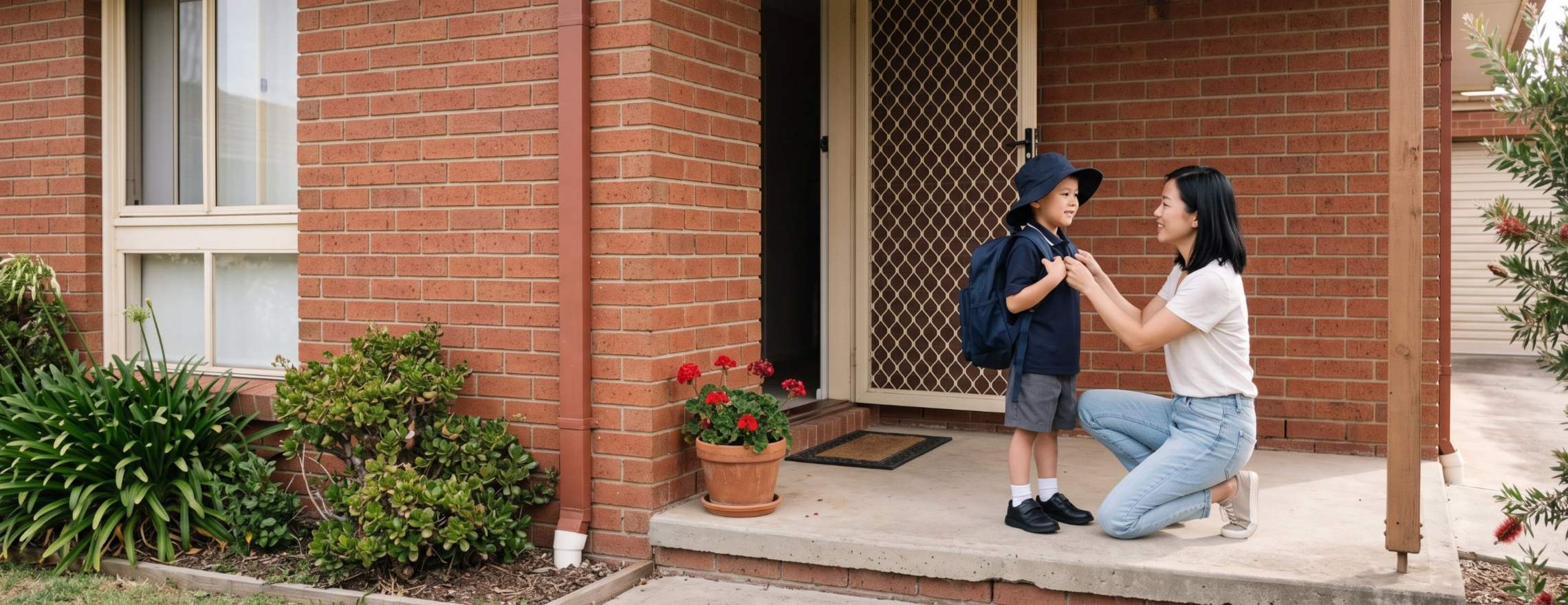 Mother kneeling on the front porch adjusting her son's school backpack on his first day of school