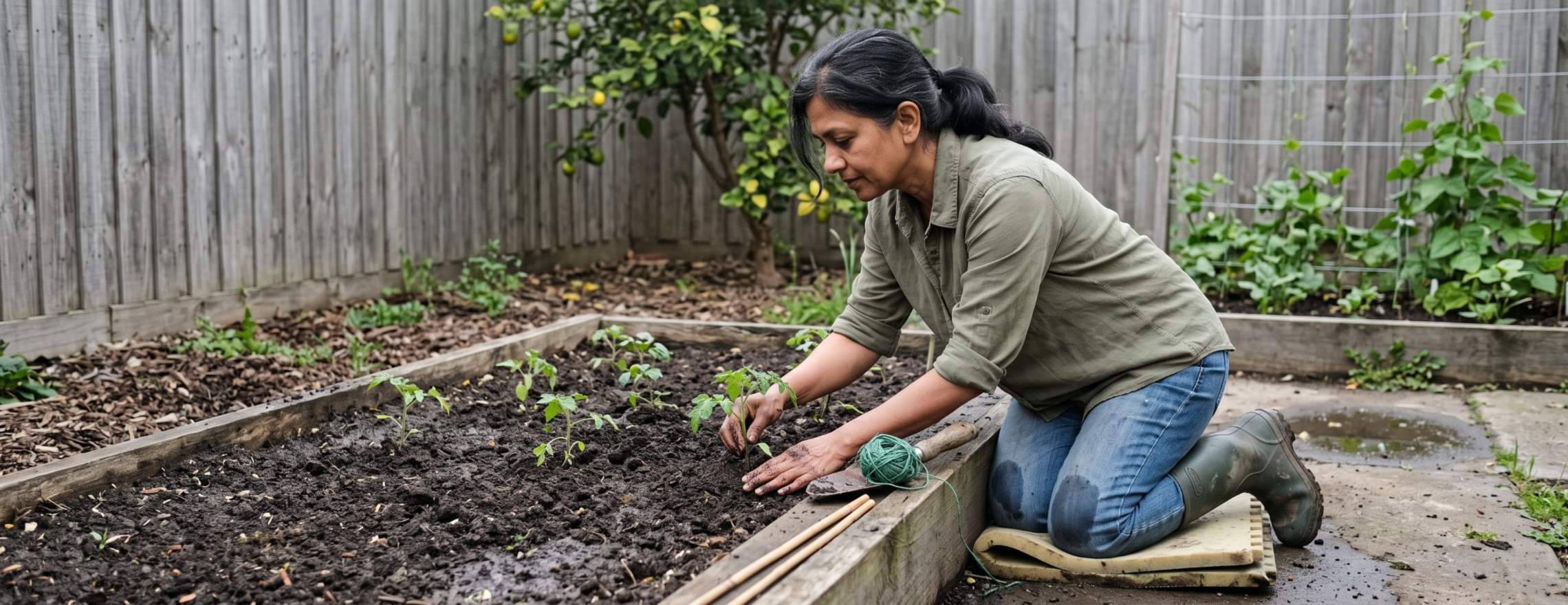 Woman kneeling in her backyard vegetable garden after the rain, replanting tomato seedlings