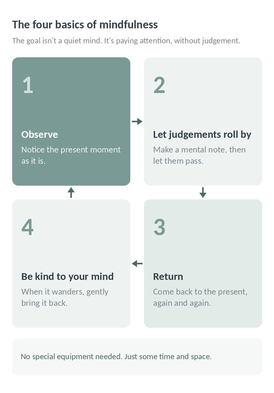The four basics of mindfulness: observe, let judgements roll by, return to the present, and be kind to your wandering mind