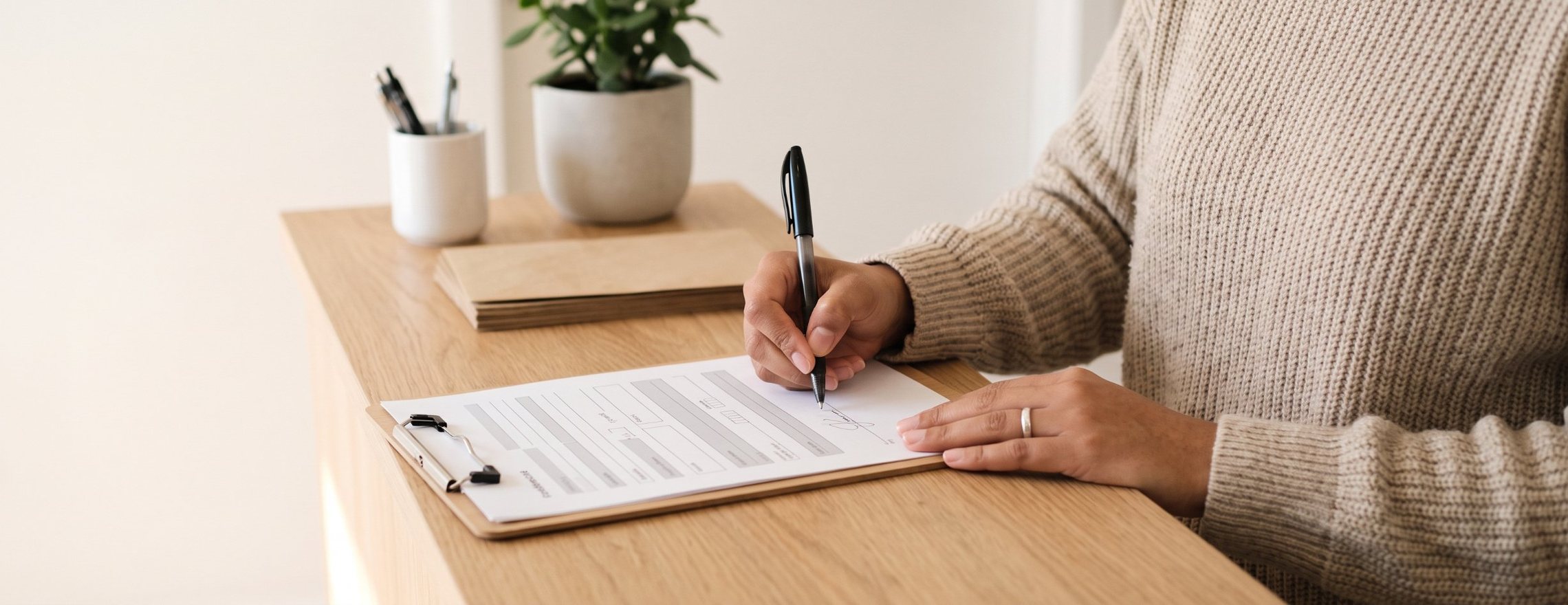 Close-up of a woman's hands signing a consent form on a clipboard at a clinic reception desk