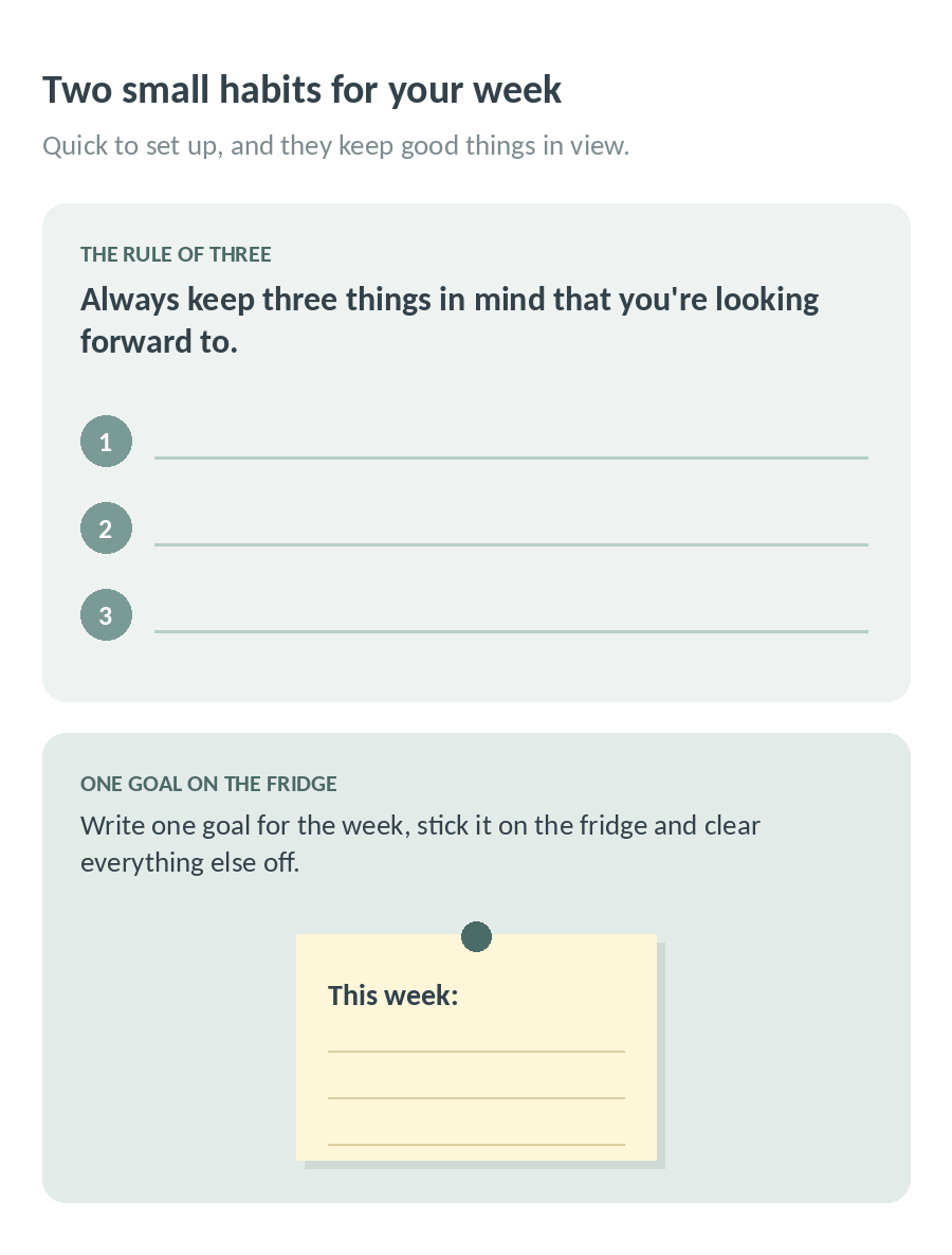 Two small habits for your week: the rule of three, keeping three things in mind you look forward to, and one goal on the fridge