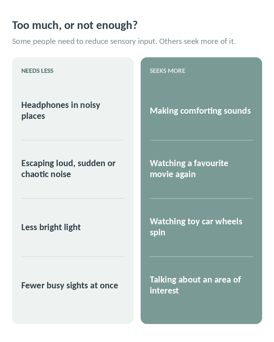 Too much or not enough: some people need less sensory input, like headphones in noisy places, while others seek more, like making comforting sounds