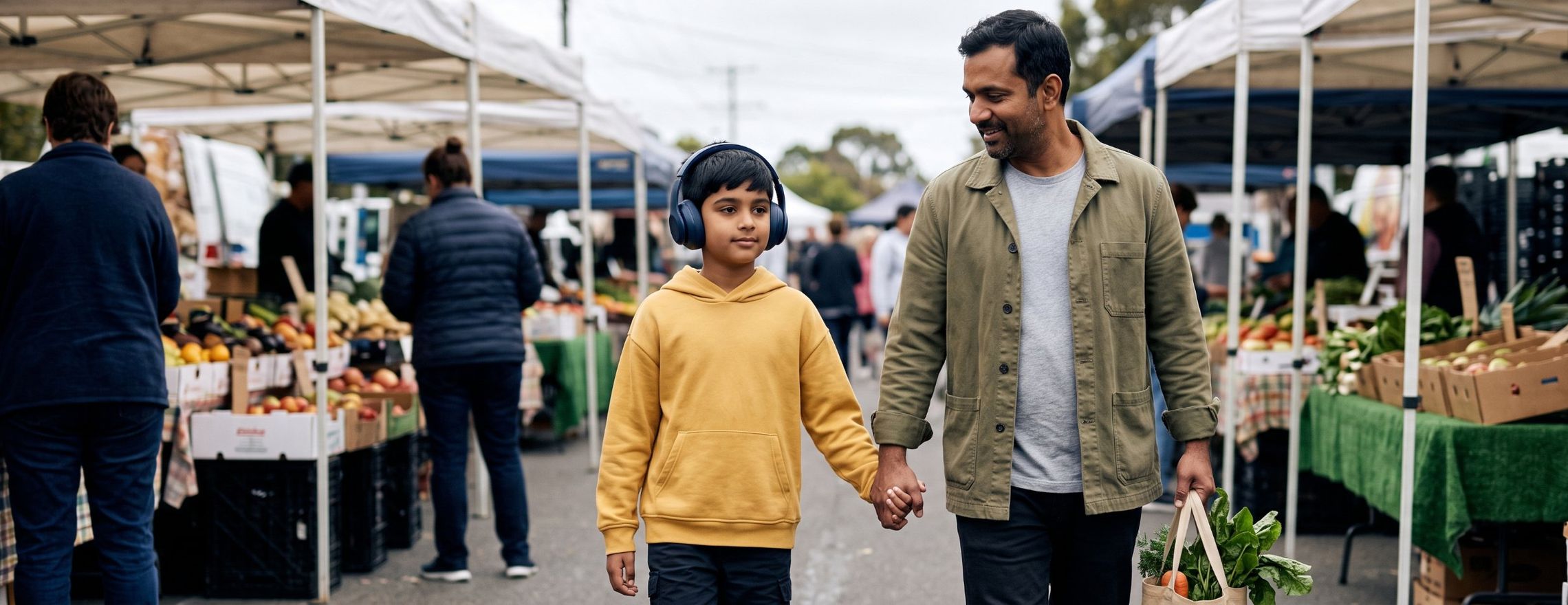Boy wearing noise-cancelling headphones walking calmly hand in hand with his father through a busy farmers market