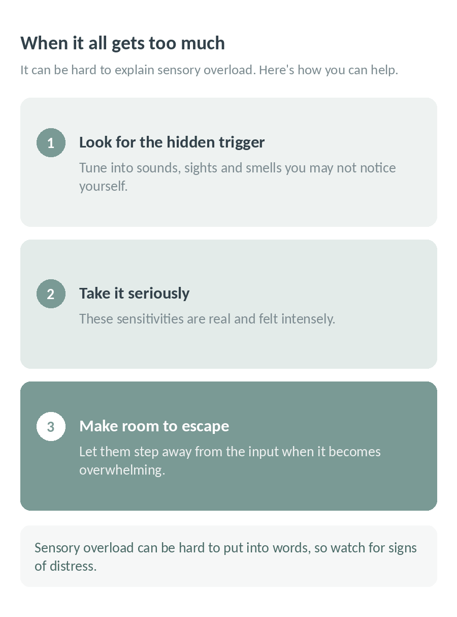 When it all gets too much: look for the hidden trigger, take sensory sensitivities seriously, and make room to escape the input