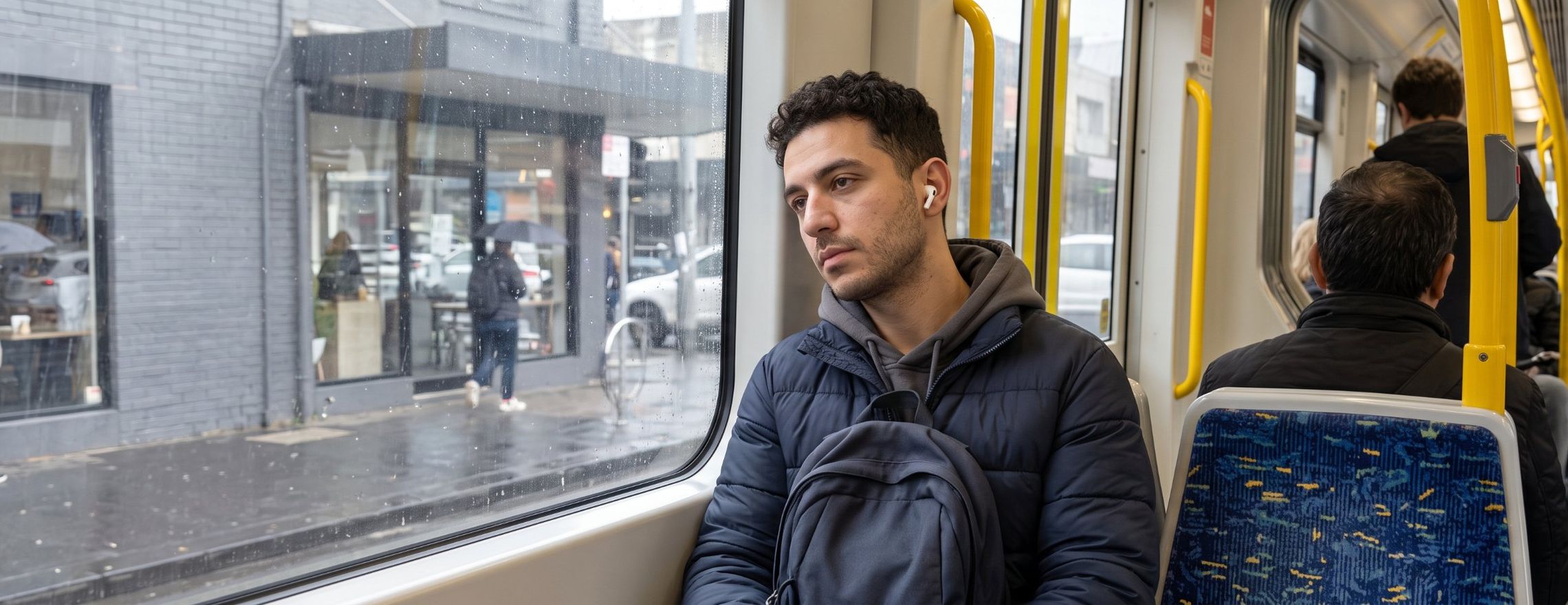 Young man on a Melbourne tram gazing out of a rainy window, looking tired and lost in thought