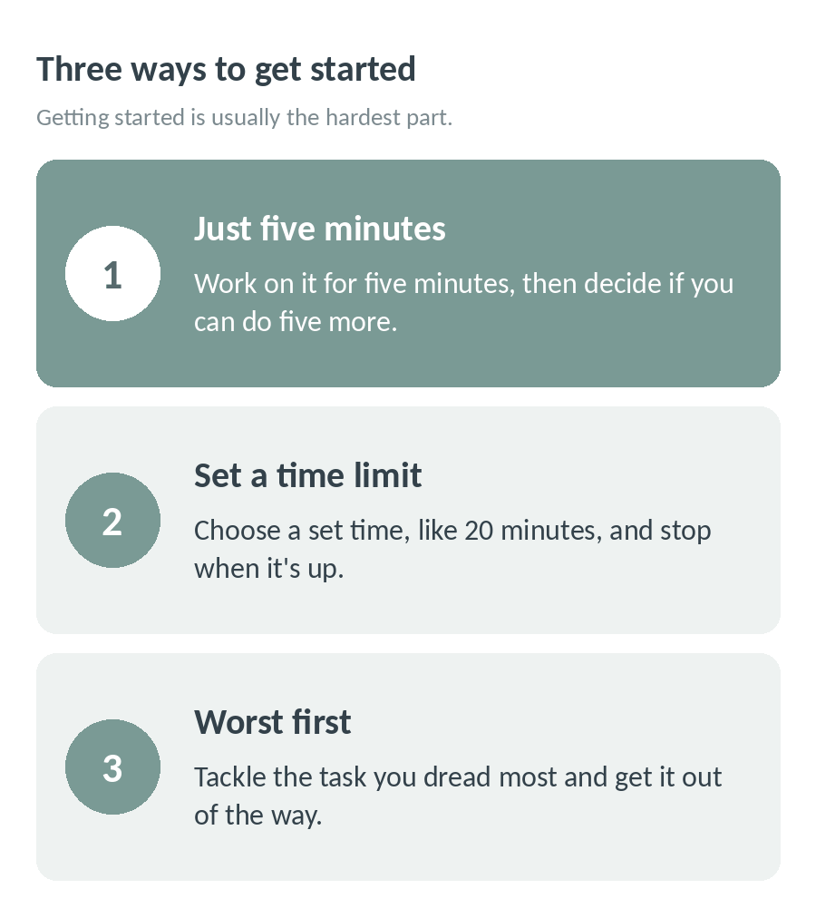 Three ways to get started: work on it for just five minutes, set a time limit like 20 minutes, or tackle the task you dread most first
