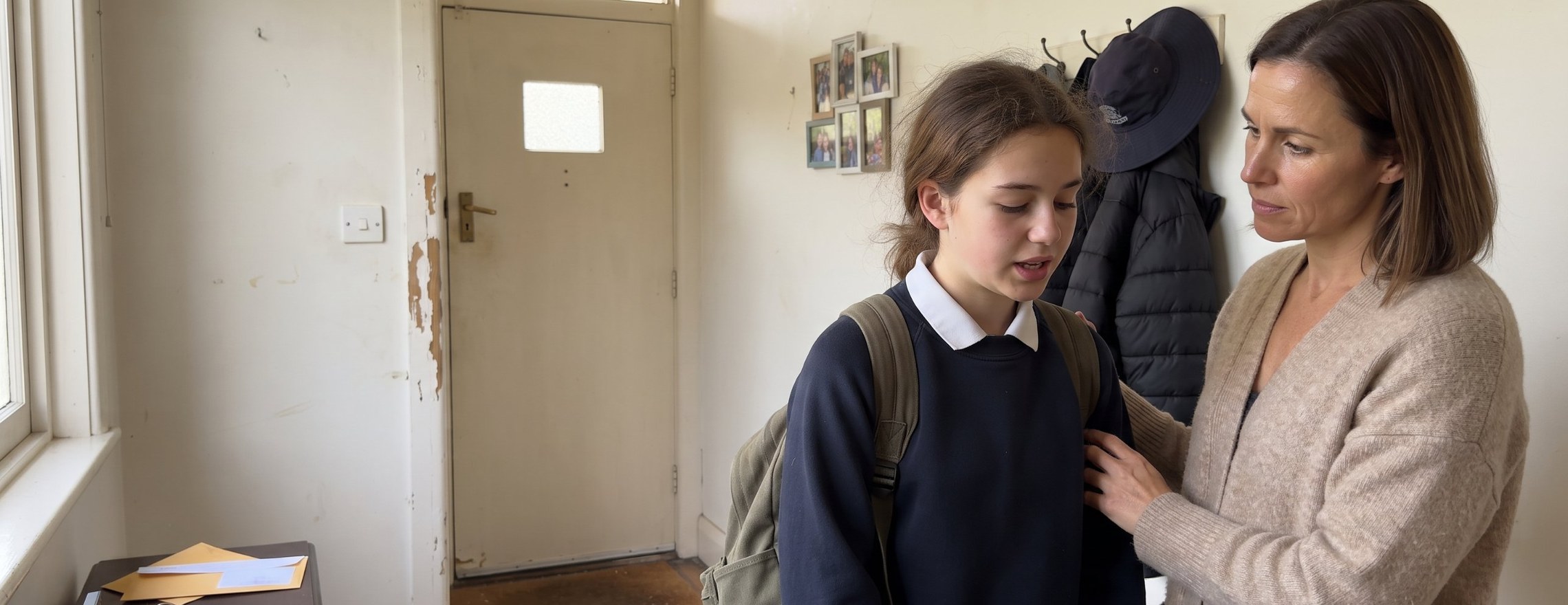 Mother gently resting her hand on her teenage daughter's arm in the hallway as the girl comes home from school and starts to talk