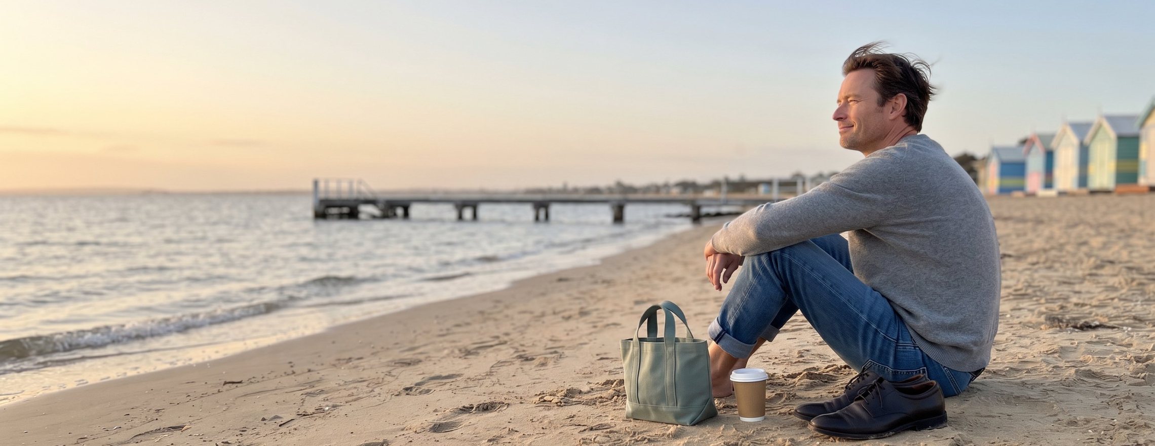 Man sitting relaxed on the sand at Brighton Beach at sunset, smiling softly as he looks out at the calm bay and the jetty