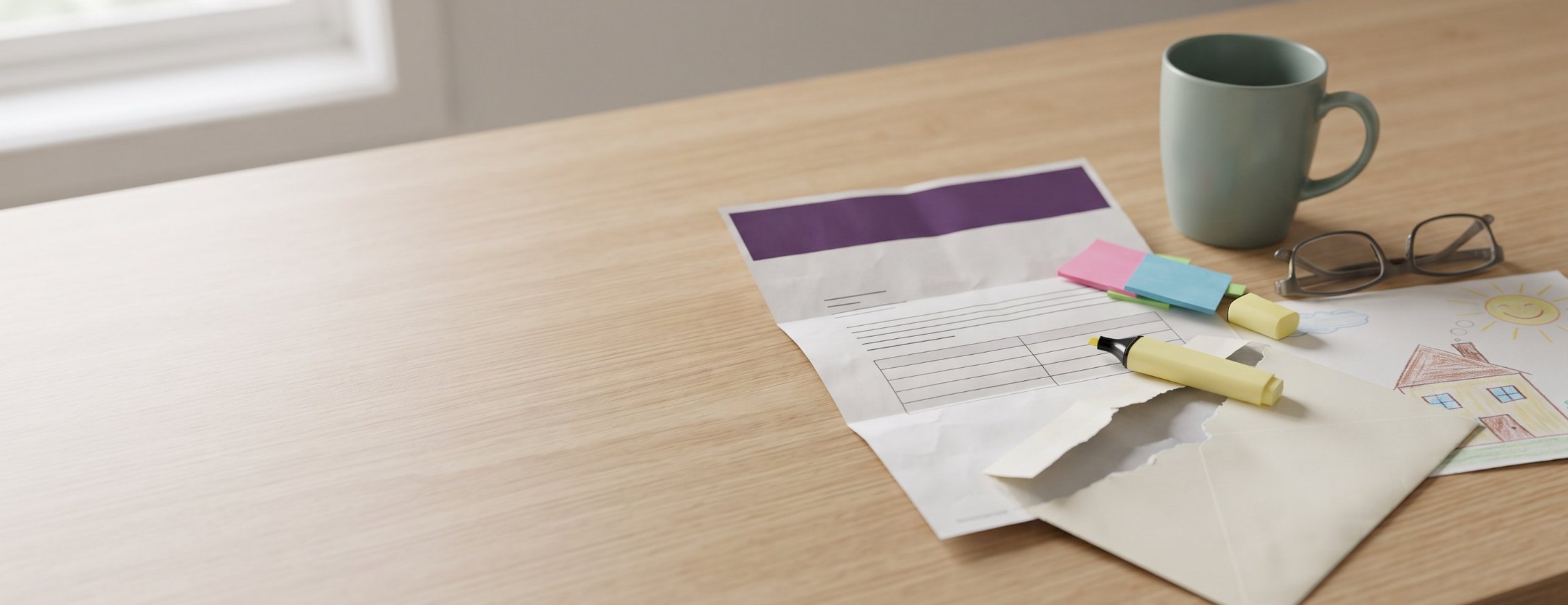 Opened funding plan letter with a purple letterhead on a timber bench, with sticky notes, a highlighter, a sage green mug and a child's drawing