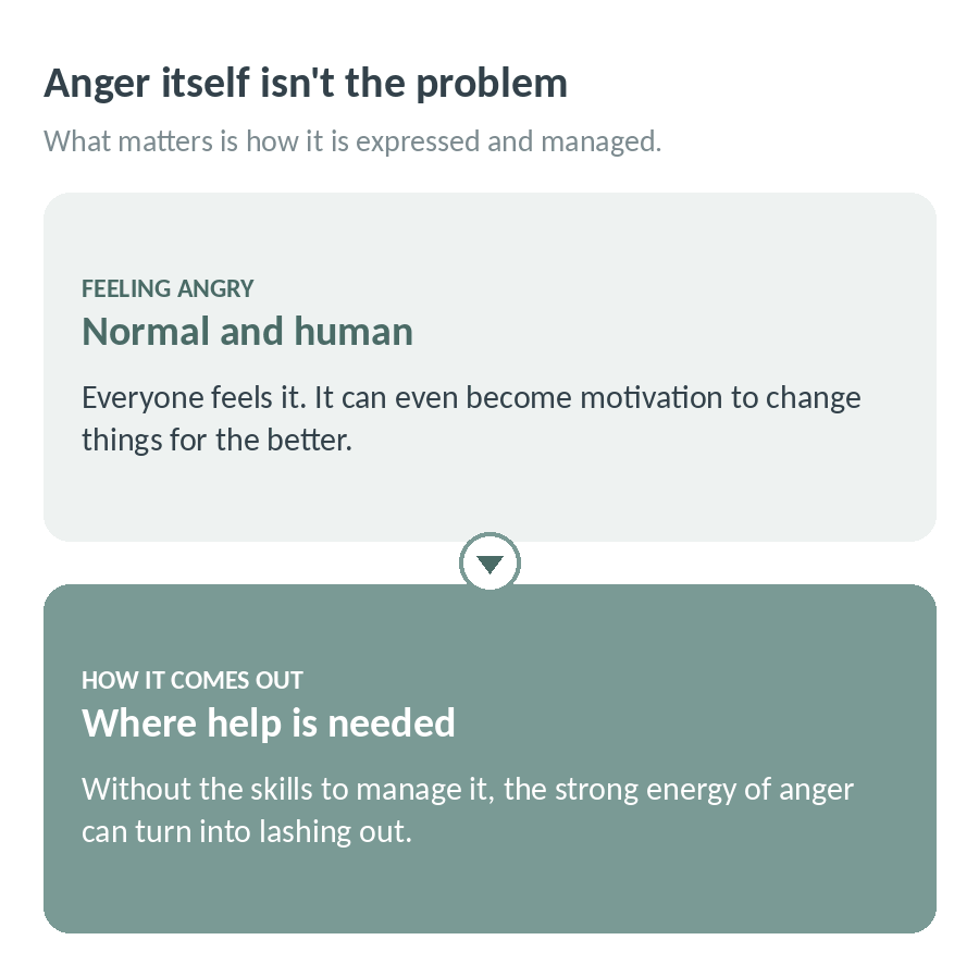 Anger itself is not the problem: feeling angry is normal and can even motivate change, but without the skills to manage it, its strong energy can turn into lashing out