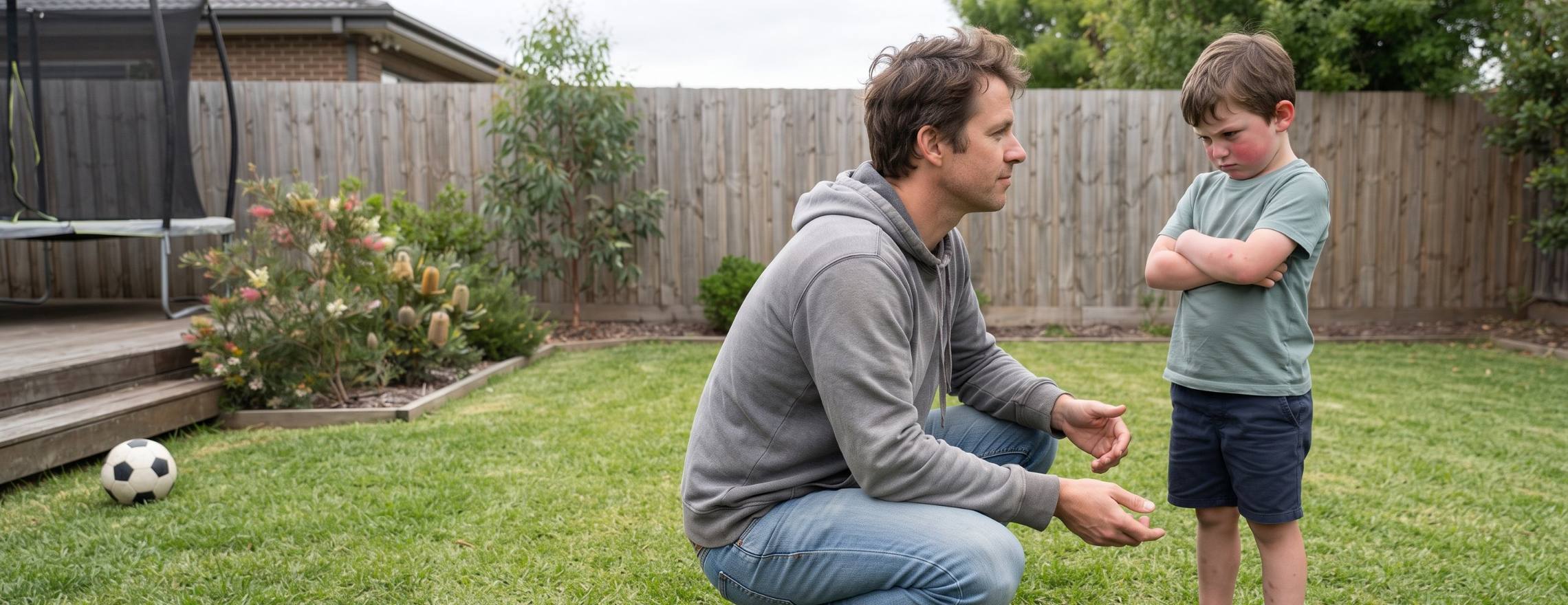 Father crouching at eye level in the backyard, calmly listening to his young son who stands with arms crossed, frowning and upset