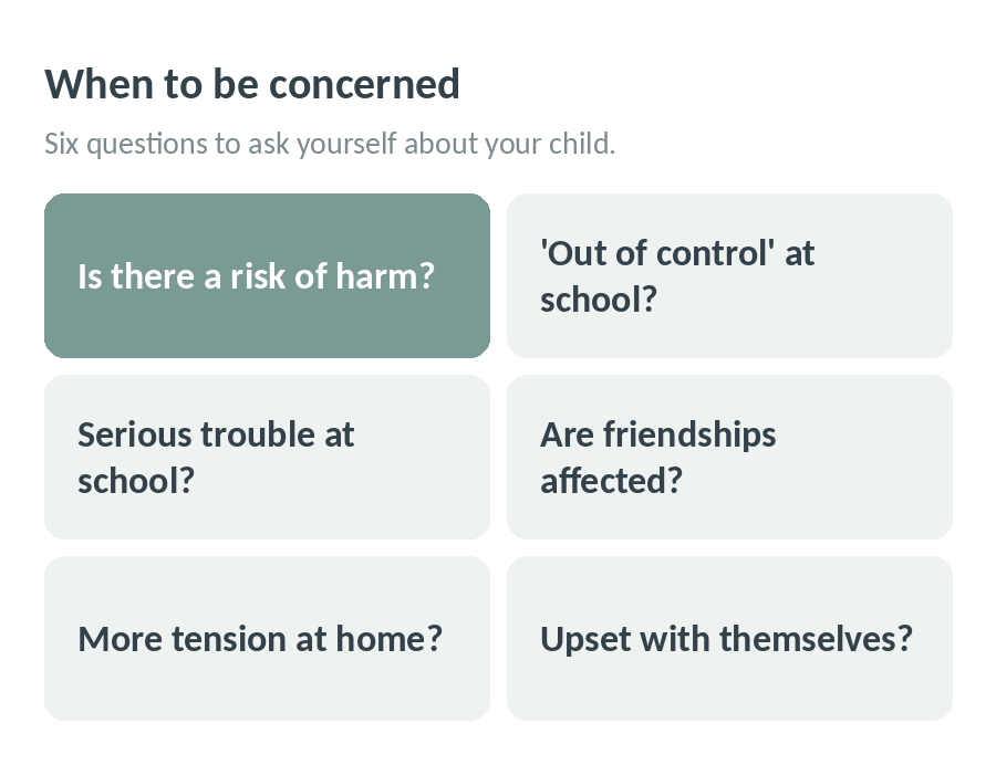 When to be concerned: is there a risk of harm, is your child out of control or in serious trouble at school, are friendships affected, is there more tension at home, and is your child upset with themselves