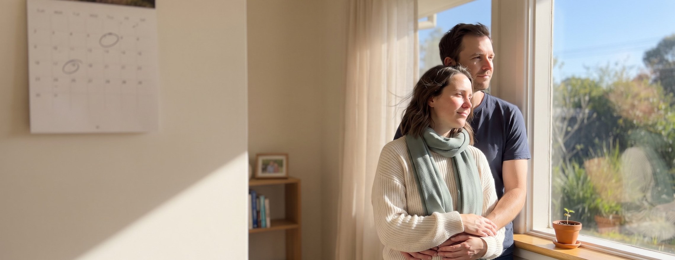 Couple embracing at a sunny window at home, looking out at the garden with calm, hopeful expressions