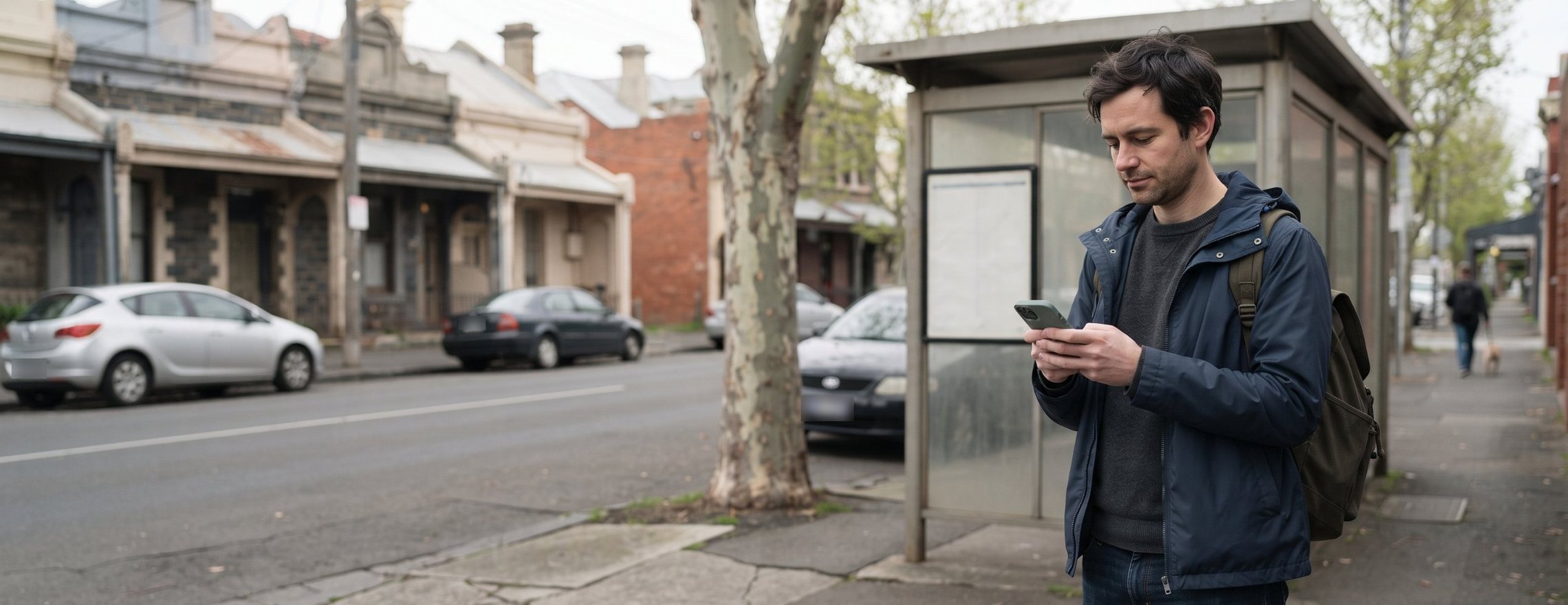Man waiting at a Melbourne bus stop on a grey morning, typing a quick note on his phone with a calm, thoughtful expression