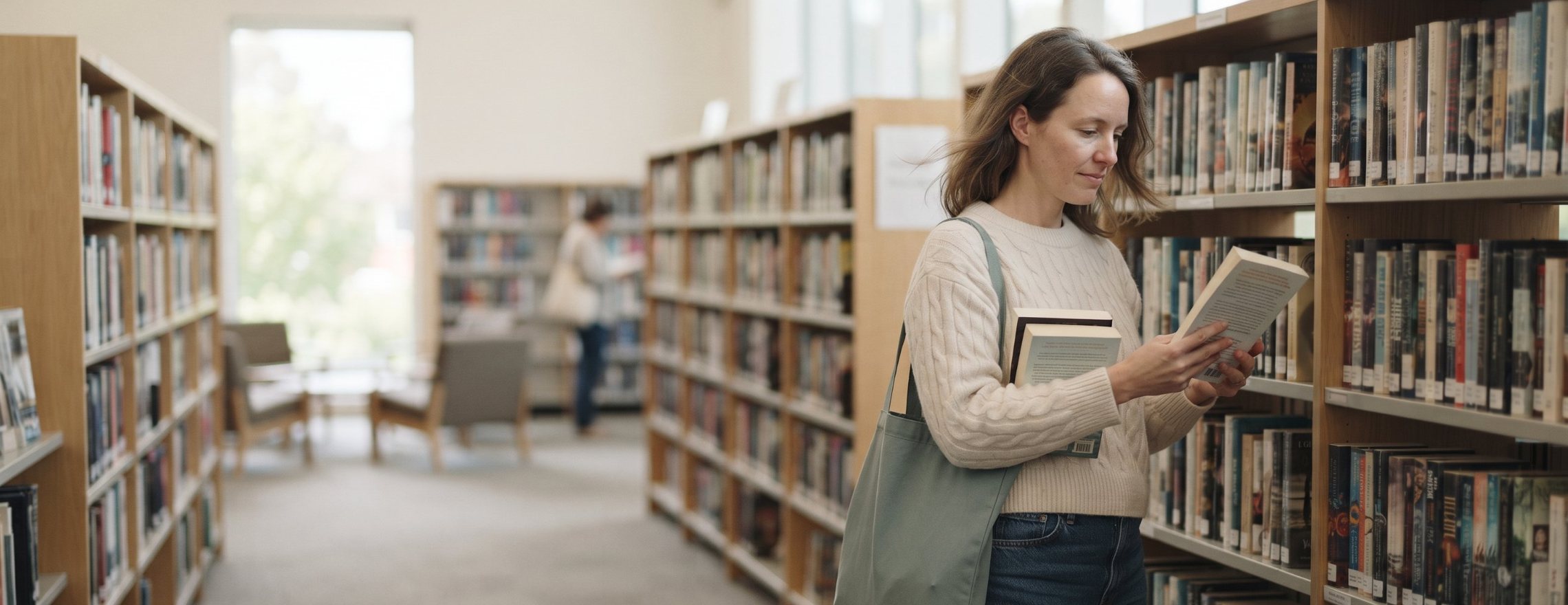 Woman in a public library browsing a book from the shelf, with two more books under her arm and a sage green tote bag
