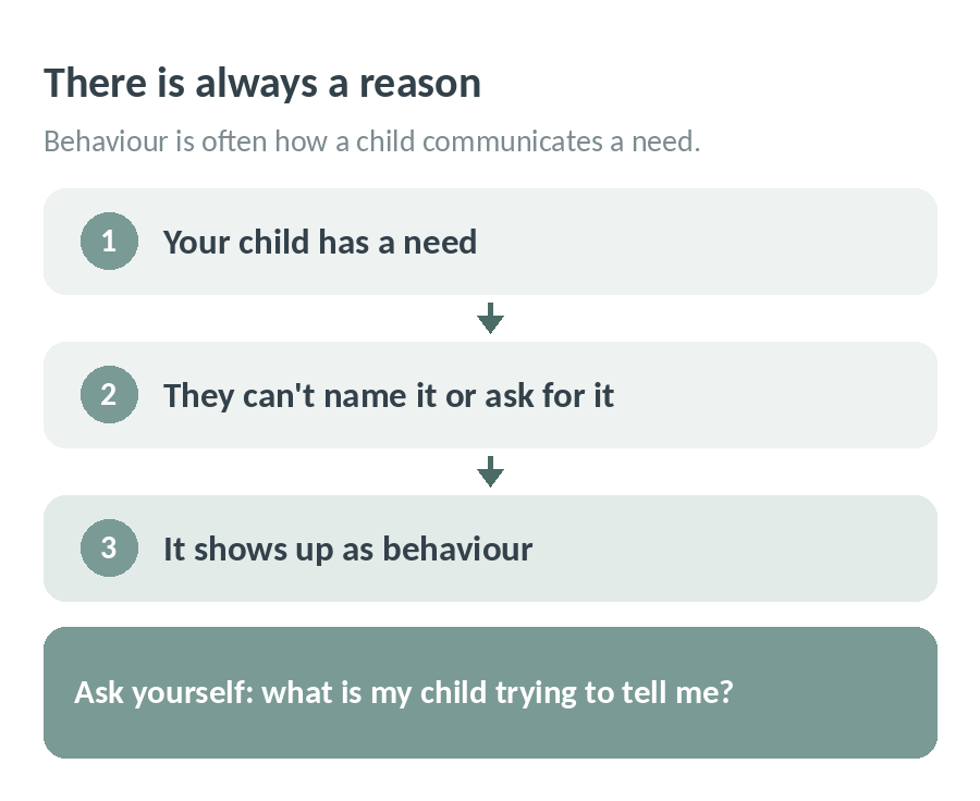 There is always a reason for behaviour: your child has a need, they cannot name it or ask for it, so it shows up as behaviour; ask yourself what your child is trying to tell you