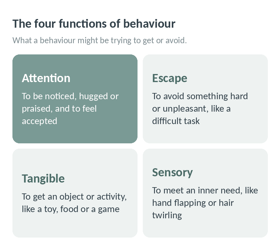 The four functions of behaviour: attention, to be noticed and accepted; escape, to avoid something hard; tangible, to get an object or activity; and sensory, to meet an inner need