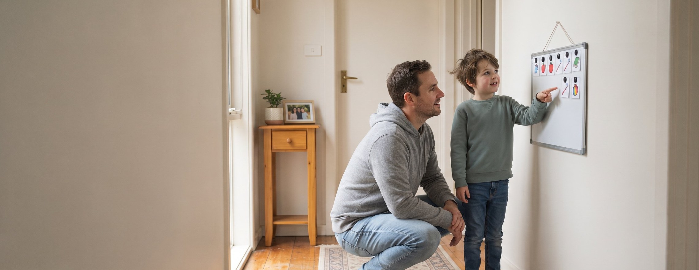 Young boy pointing to a picture card on a visual schedule board in the hallway while his father crouches beside him and listens