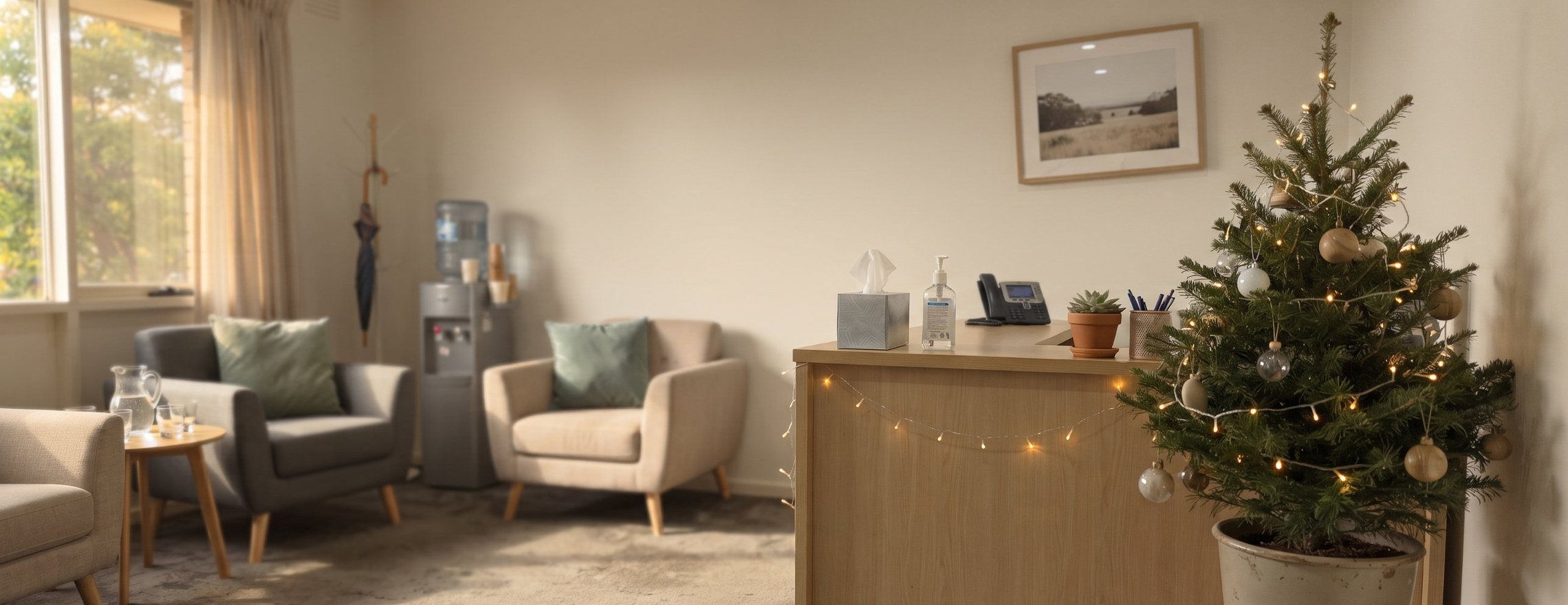 Quiet clinic reception at the end of the year with a small Christmas tree, fairy lights along the desk and armchairs in the waiting area