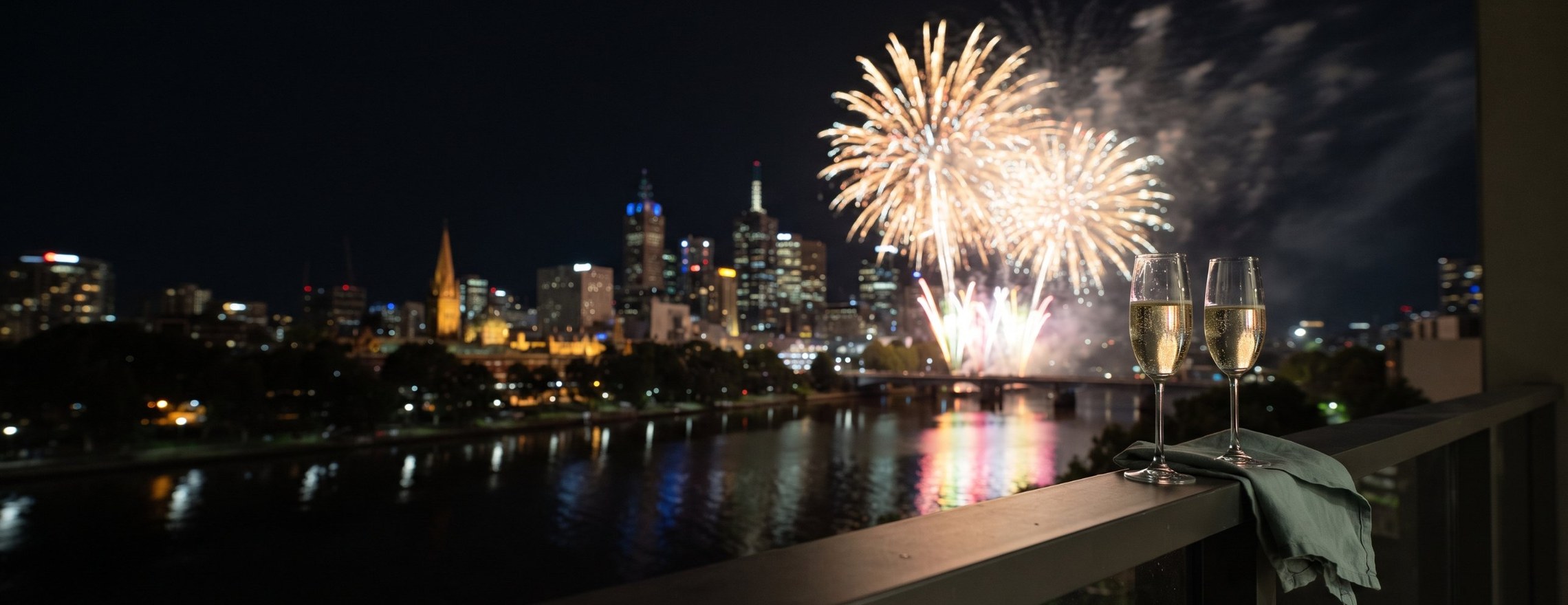 New Year fireworks over the Melbourne skyline and the Yarra River, seen from a balcony with two glasses of champagne on the railing