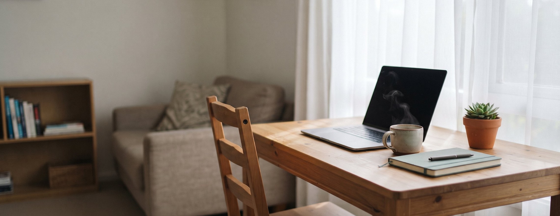 A quiet corner of a home ready for an online appointment, with a laptop, a cup of tea, a notebook and a small plant on a wooden table by the window