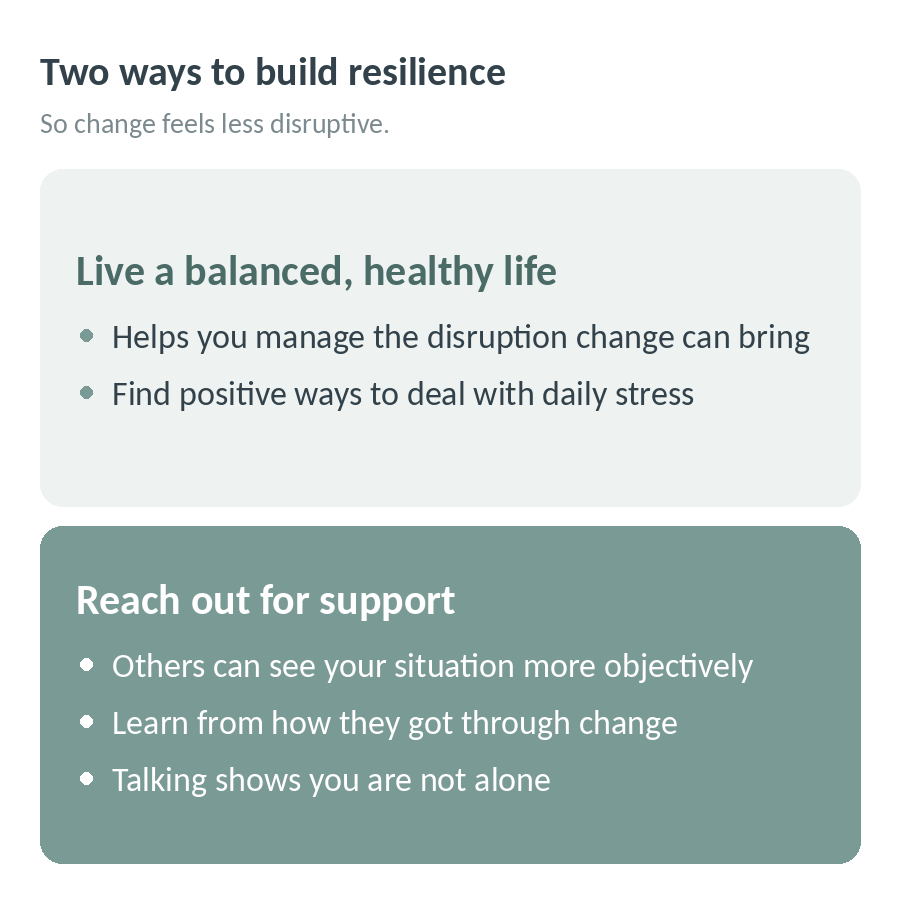 Two ways to build resilience: live a balanced, healthy life with positive ways to deal with daily stress, and reach out for support, as others can see your situation more objectively and remind you that you are not alone
