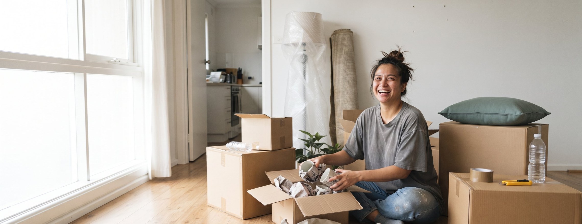 Woman laughing as she sits on the floor of her new apartment unpacking mugs from moving boxes