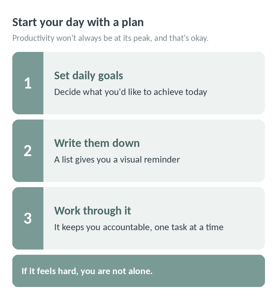 Start your day with a plan: set daily goals, write them down as a visual reminder, and work through them one task at a time. If it feels hard, you are not alone