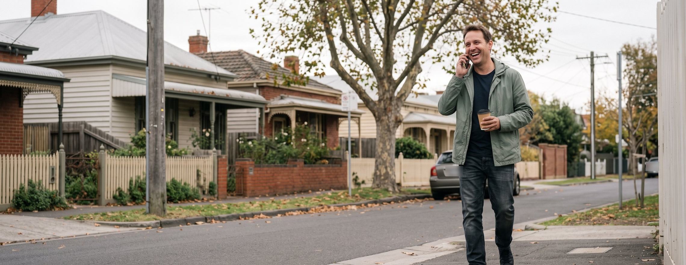 Man laughing as he chats on the phone with a coffee in hand while walking down a leafy suburban street