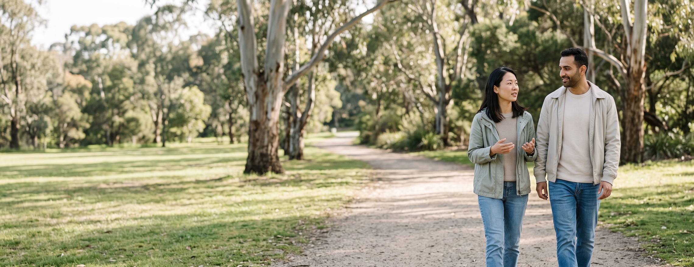 A couple walking slowly side by side along a tree-lined path in a Melbourne park, turned towards each other in conversation